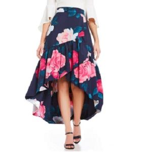 Eliza J Navy Floral Faux Wrap Hi-Low Skirt